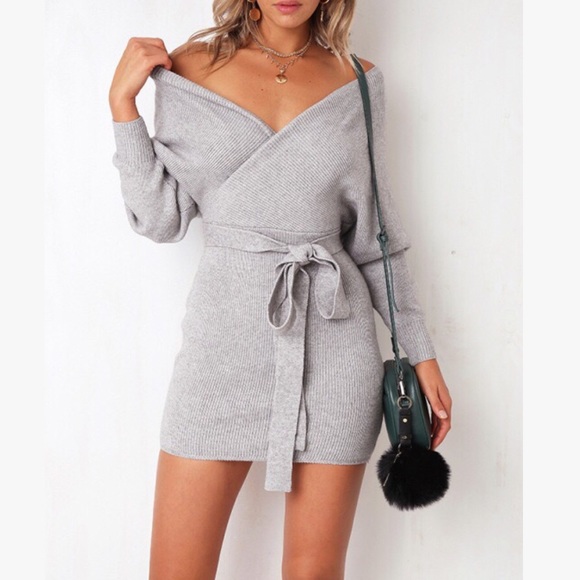 π₯π₯Sexy and Cozy Grey V Neck Sweater Dress - Picture 2 of 8